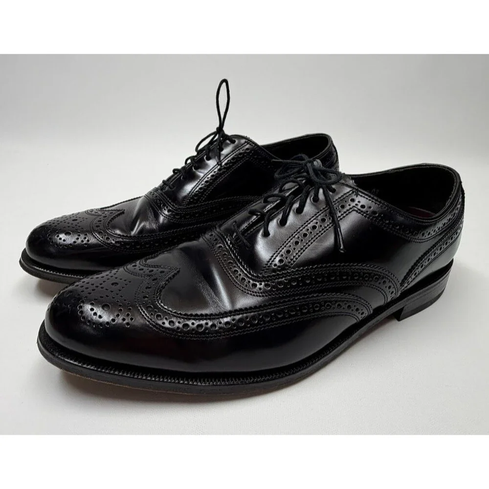 Vintage Florsheim Imperial Mens 9 D Black Leather 5 Nail Wing Tip Dress Shoes